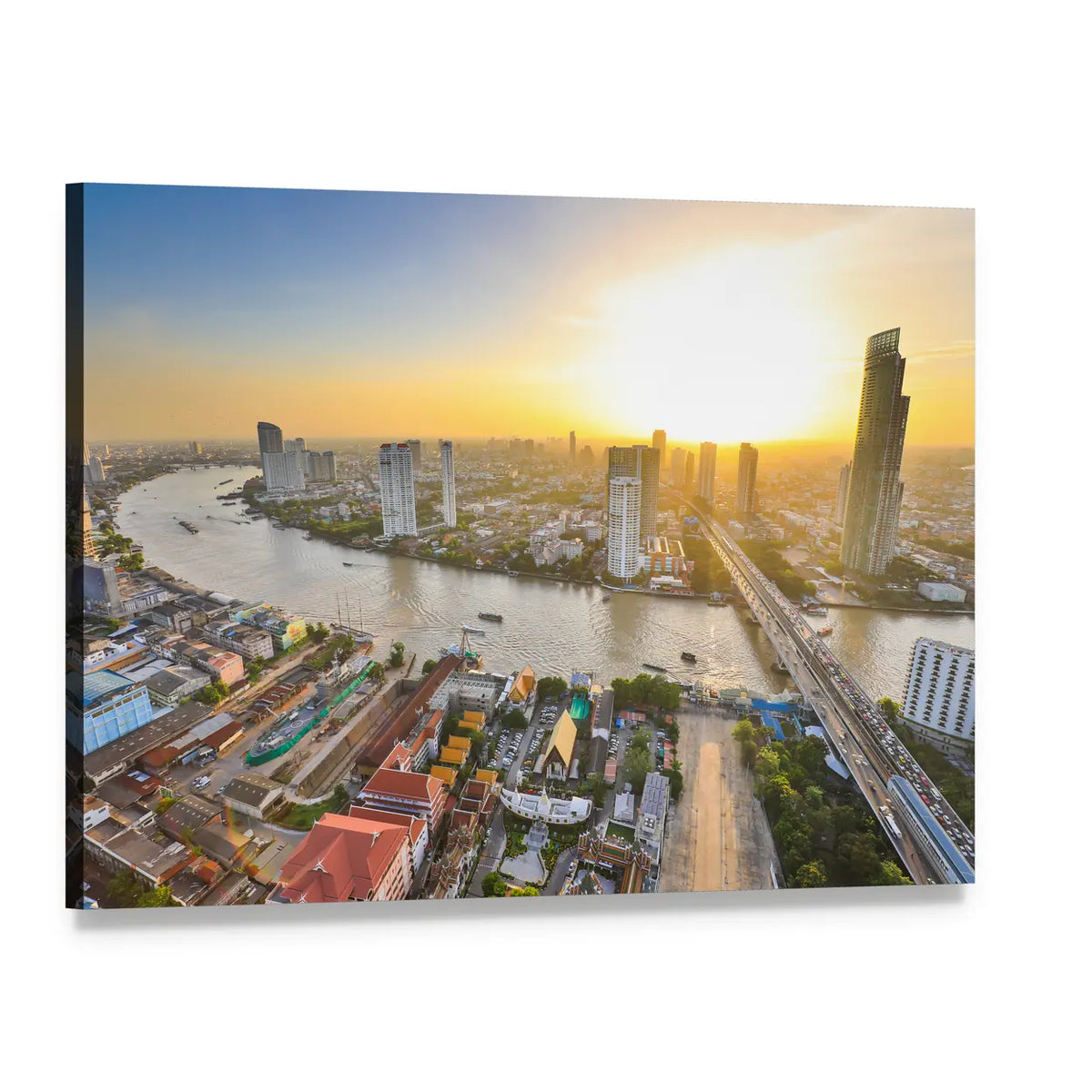 Bangkok River Skyline at Twilight Canvas Wall Art, single panel gallery wrapped canvas, angled product view
