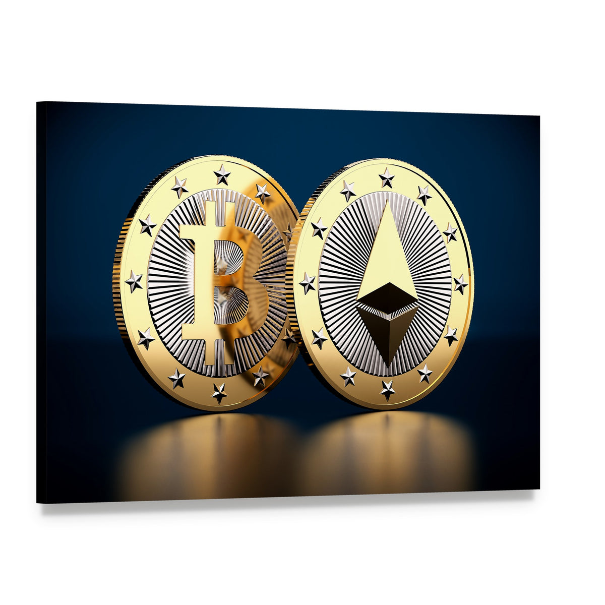 Bitcoin and Ethereum Logos Close-up Canvas Wall Art, single panel gallery wrapped canvas, angled product view