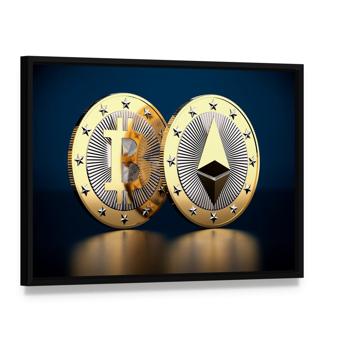 Bitcoin and Ethereum Logos Close-up Canvas Wall Art, framed canvas in a black floater frame, angled product view