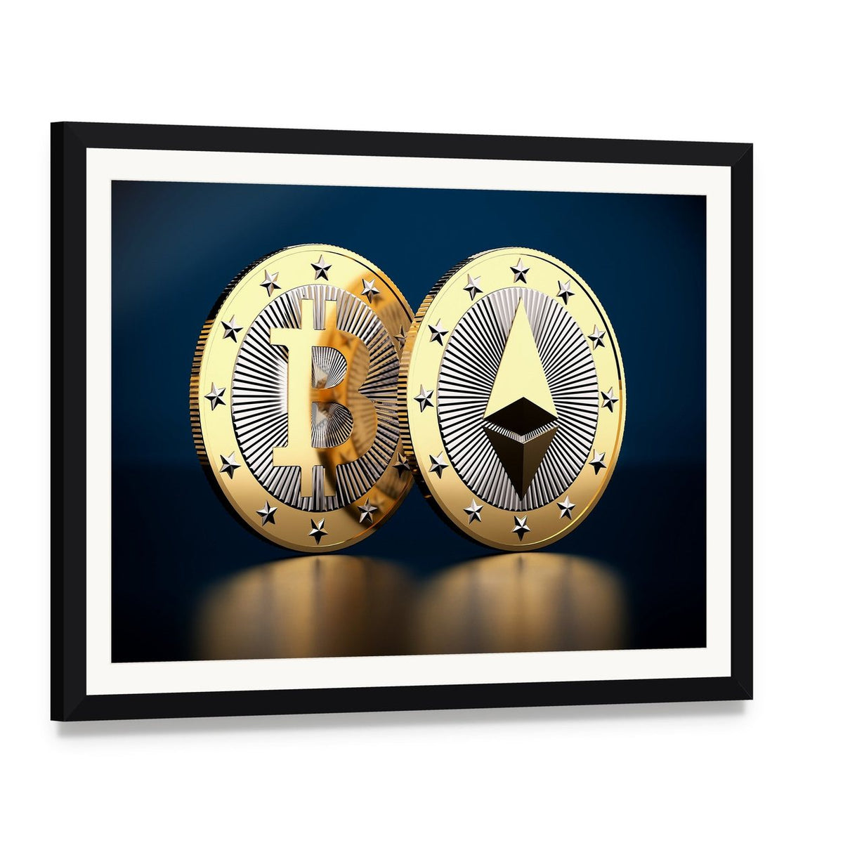 Bitcoin and Ethereum Logos Close-up Canvas Wall Art, framed print with white mat and black frame, angled product view