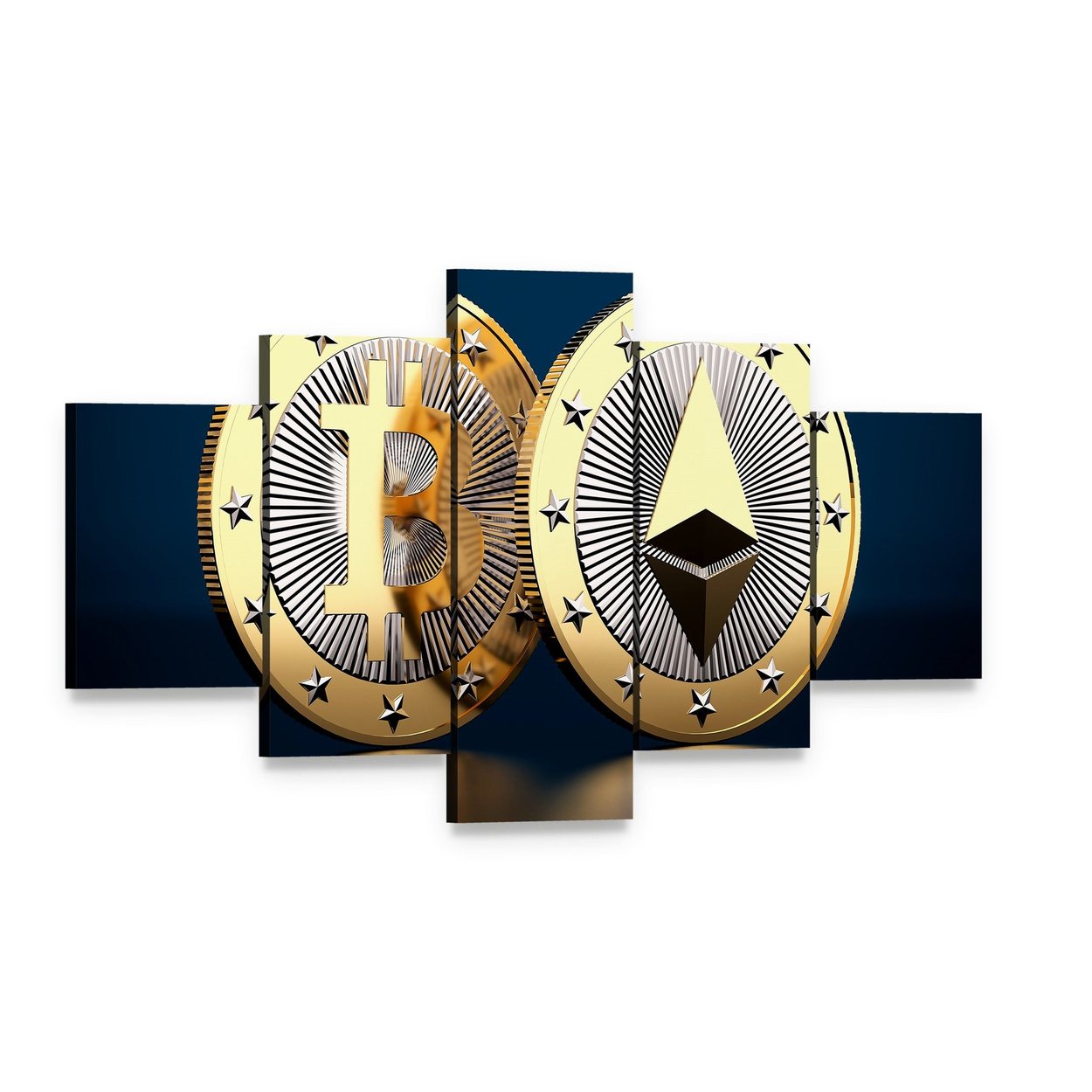 Bitcoin and Ethereum Logos Close-up Canvas Wall Art, 5 panel 5 Star layout gallery wrapped canvas set, angled product view