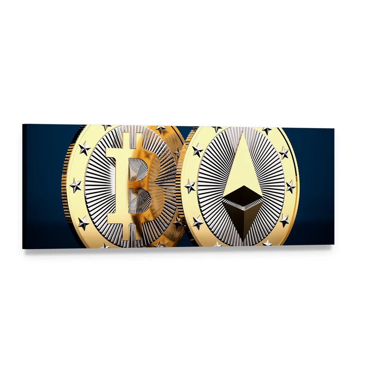 Bitcoin and Ethereum Coins Close-up Panoramic Canvas Wall Art, single panel gallery wrapped canvas, angled product view