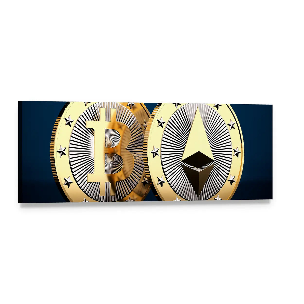 Bitcoin and Ethereum Coins Close-up Panoramic Canvas Wall Art, single panel gallery wrapped canvas, angled product view