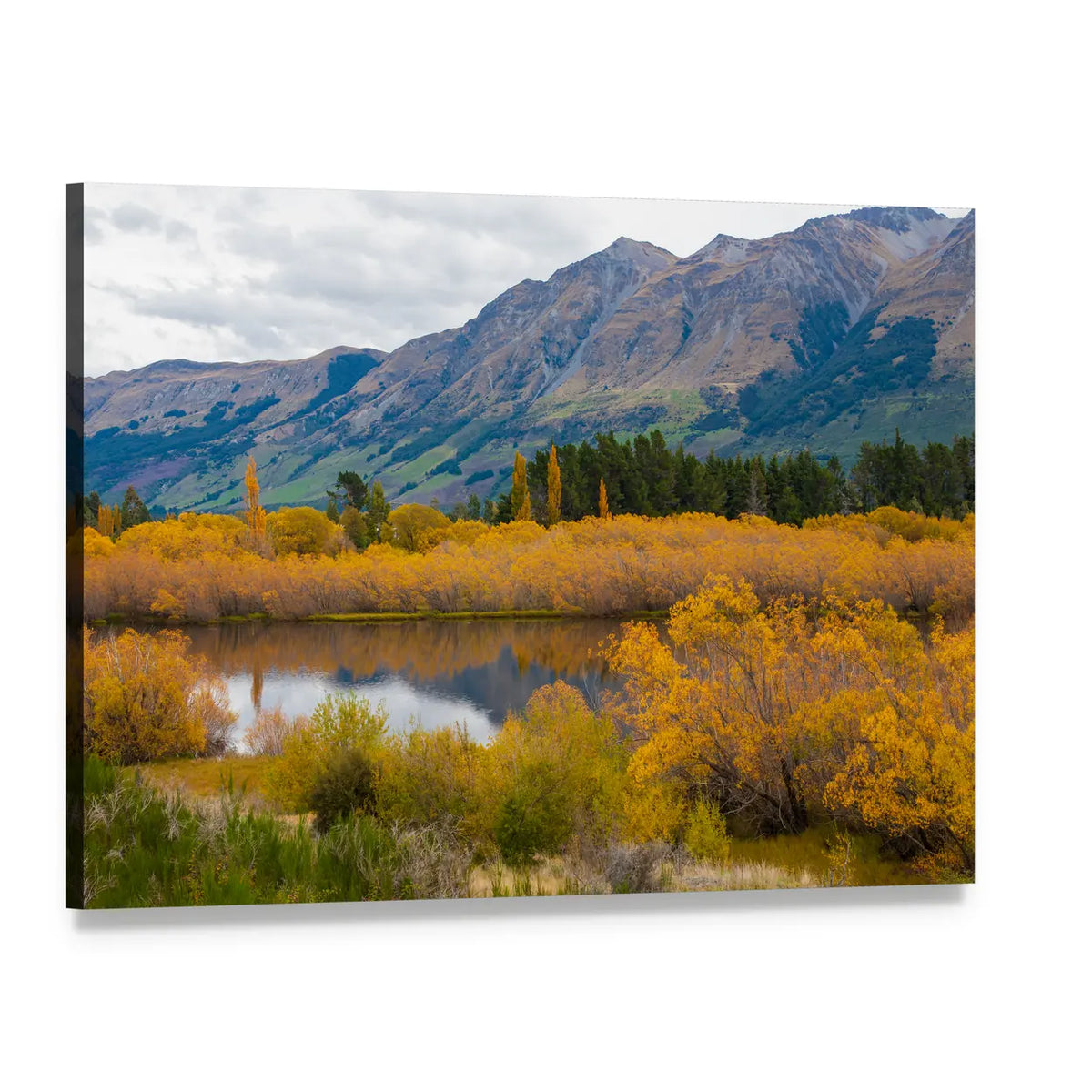 Autumn Leaves at Mountain Lake Canvas Wall Art, single panel gallery wrapped canvas, angled product view