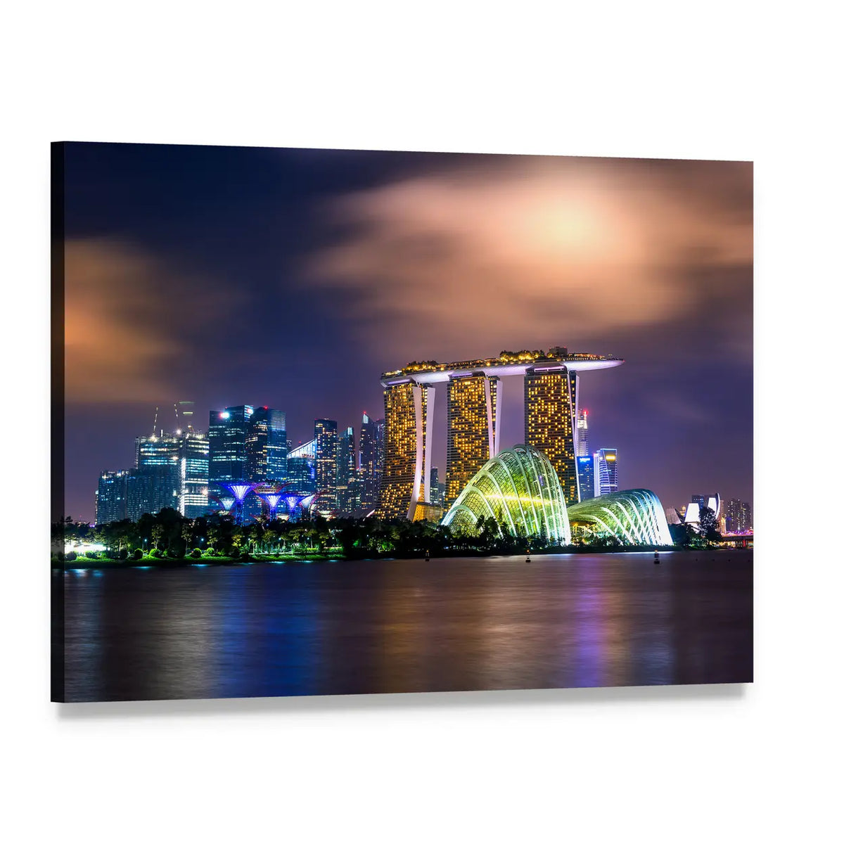 Singapore Night Skyline with Marina Bay Sands Canvas Wall Art, single panel gallery wrapped canvas, angled product view