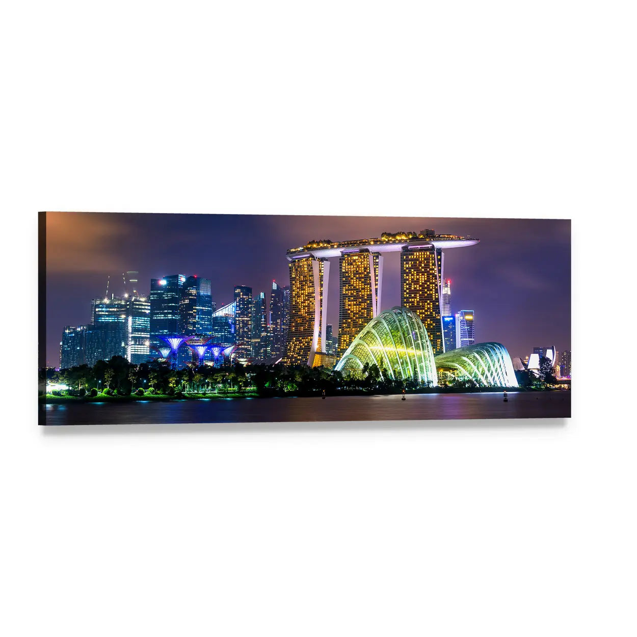 Singapore Skyline at Night Panoramic Canvas Wall Art, single panel gallery wrapped canvas, angled product view