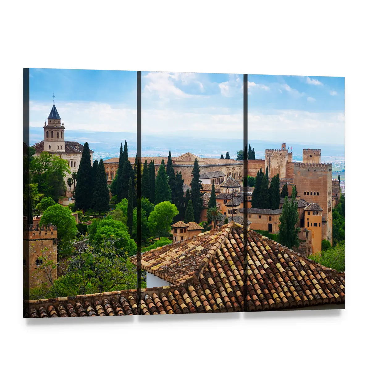 Alhambra Rooftops, Granada Canvas Wall Art, 3 panel 3 Horizontal layout gallery wrapped canvas set, angled product view