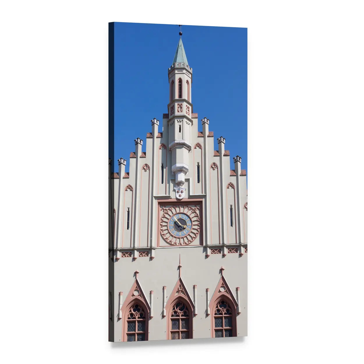 Gothic Clock Tower with Ornate Blue Face Vertical Canvas Wall Art, 1 panel 1 Vertical layout gallery wrapped canvas set, angled product view