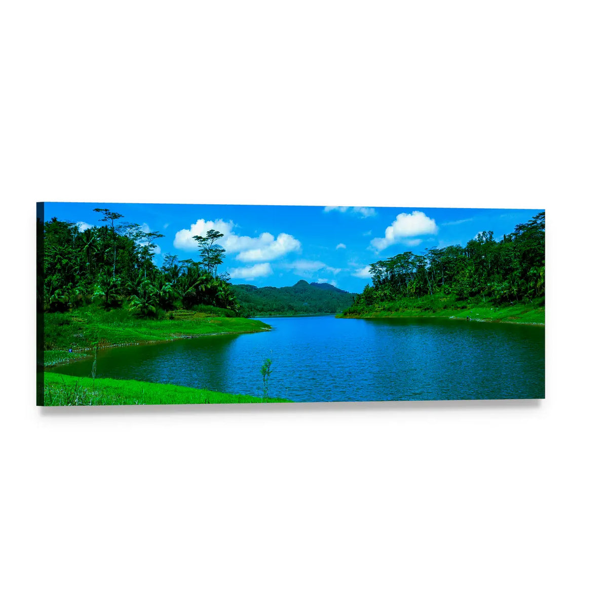 Summer Tropical Lake with Lush Green Hills Panoramic Canvas Wall Art, single panel gallery wrapped canvas, angled product view