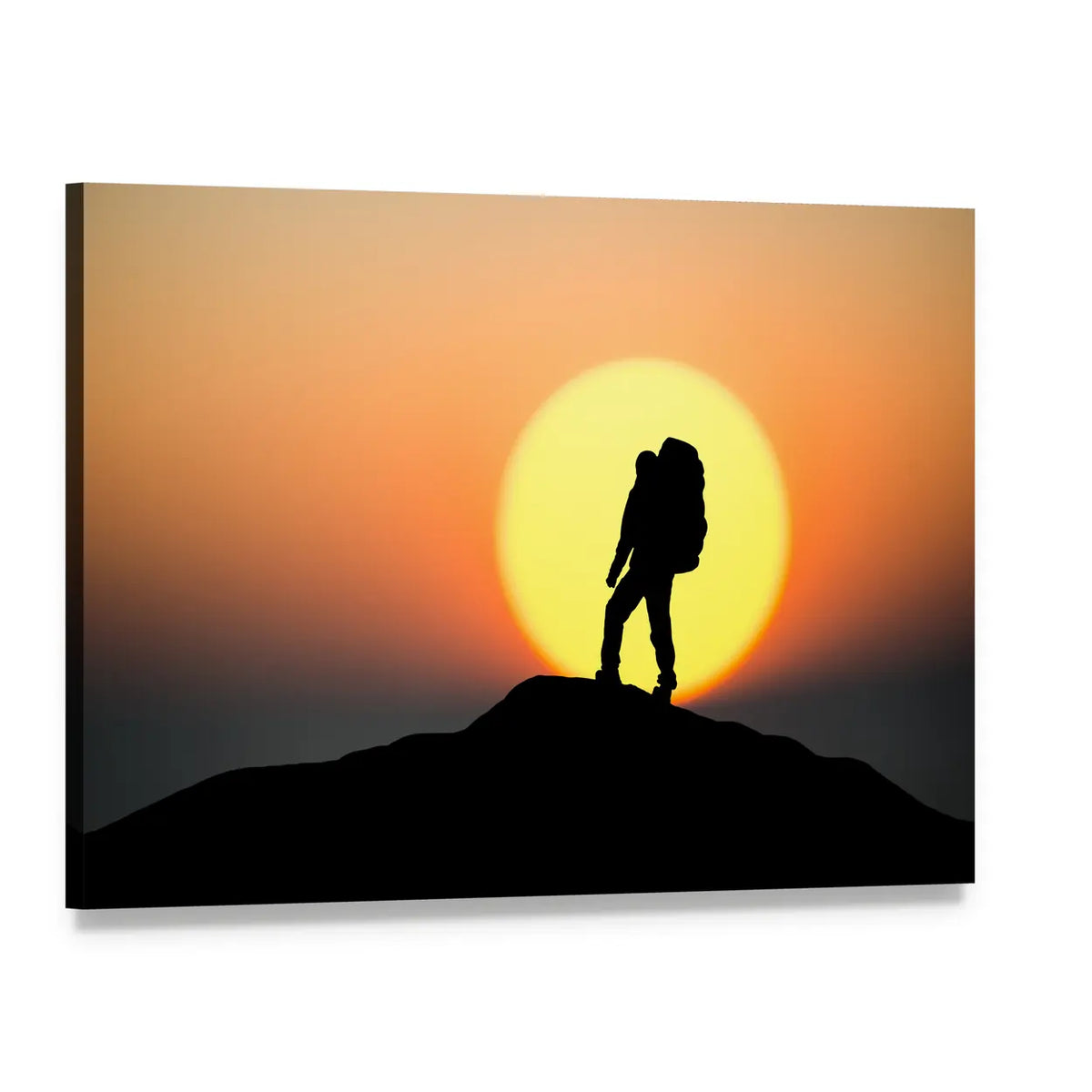Silhouette Of Rock Climber On The Peak Canvas Wall Art, single panel gallery wrapped canvas, angled product view