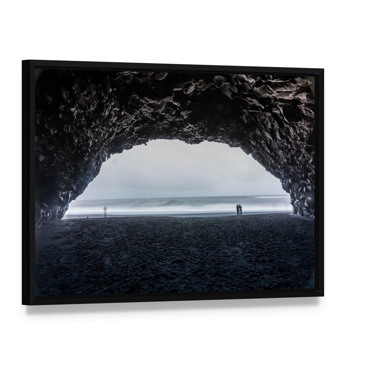 Reynisfjara Beach Cave Entrance Canvas Wall Art, framed canvas in a black floater frame, angled product view