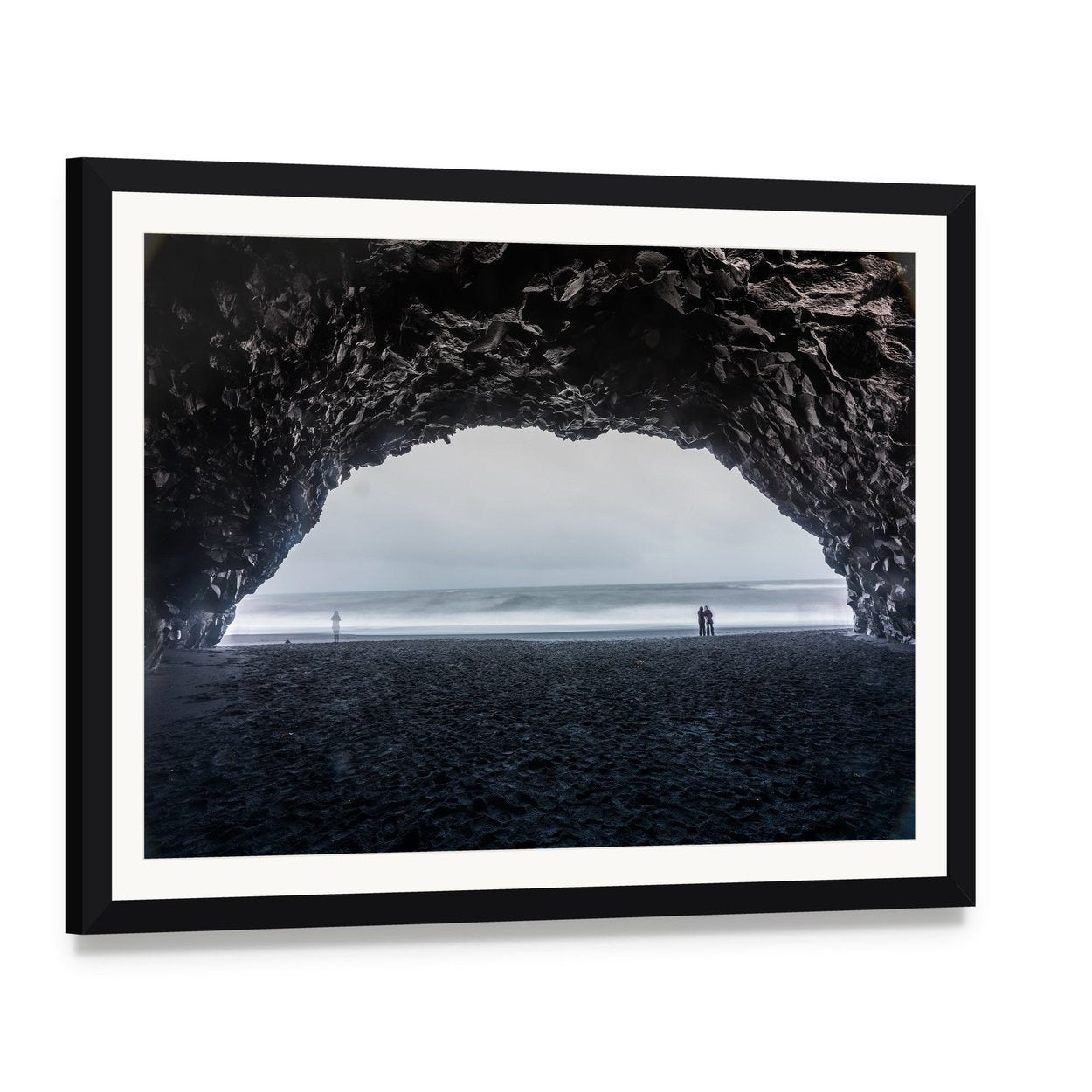 Reynisfjara Beach Cave Entrance Canvas Wall Art, framed print with white mat and black frame, angled product view