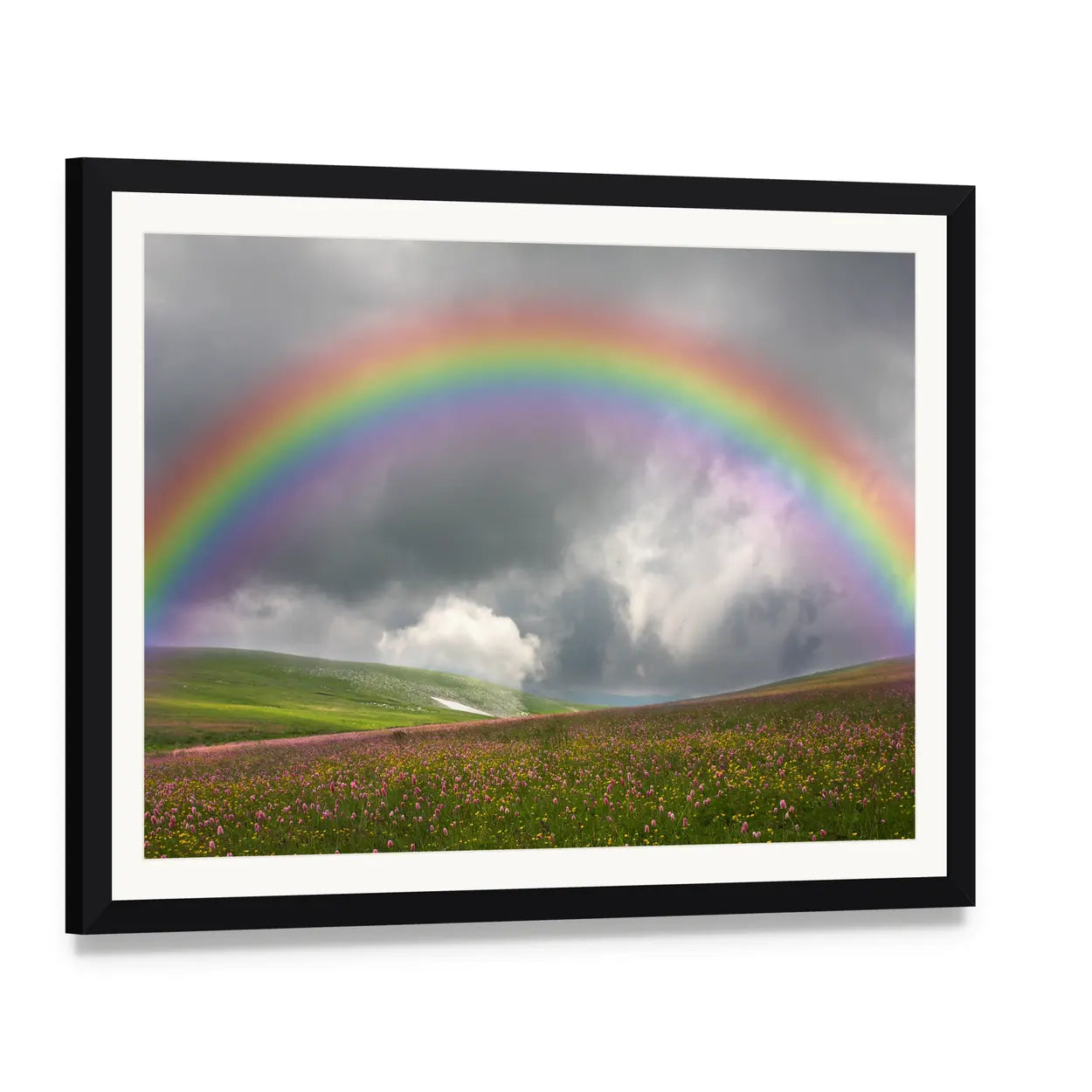Rainbow Over Wildflower Hills Canvas Wall Art, framed print with white mat and black frame, angled product view
