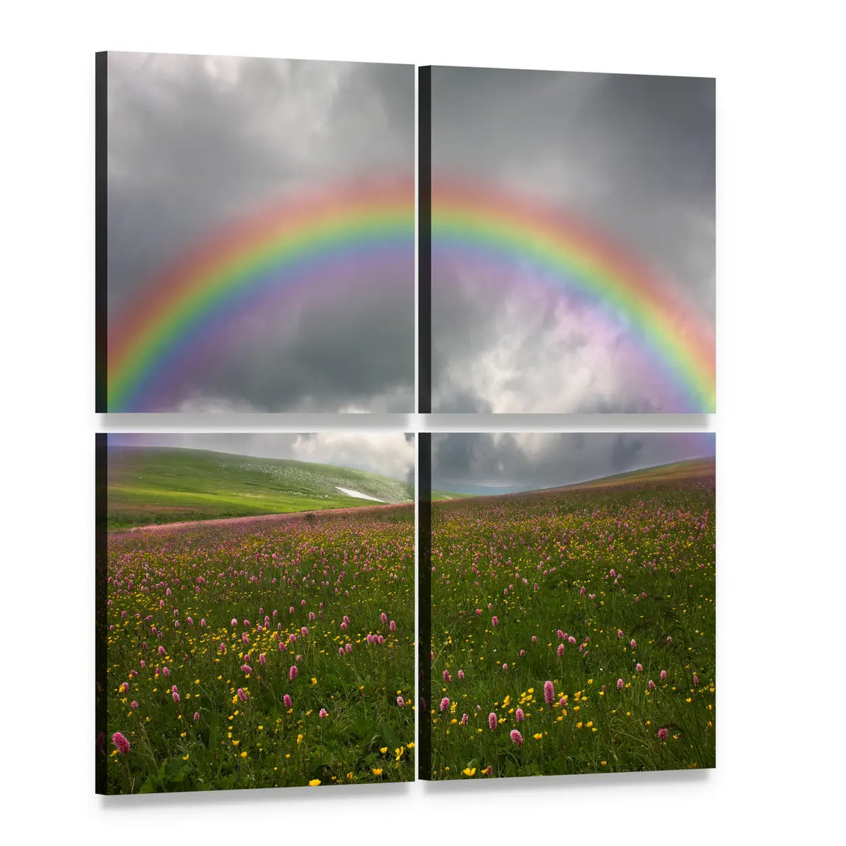 Rainbow Over Wildflower Hills Canvas Wall Art, 4 panel 4 Square layout gallery wrapped canvas set, angled product view