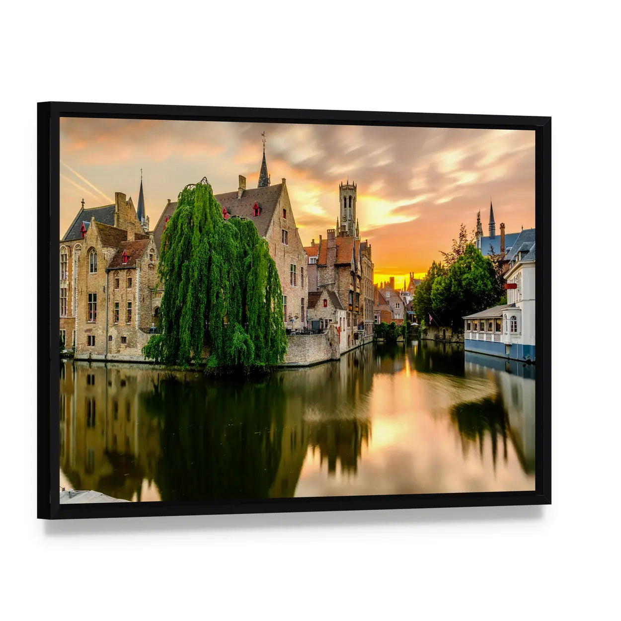 Bruges Canal Cityscape at Sunset Canvas Wall Art, framed canvas in a black floater frame, angled product view