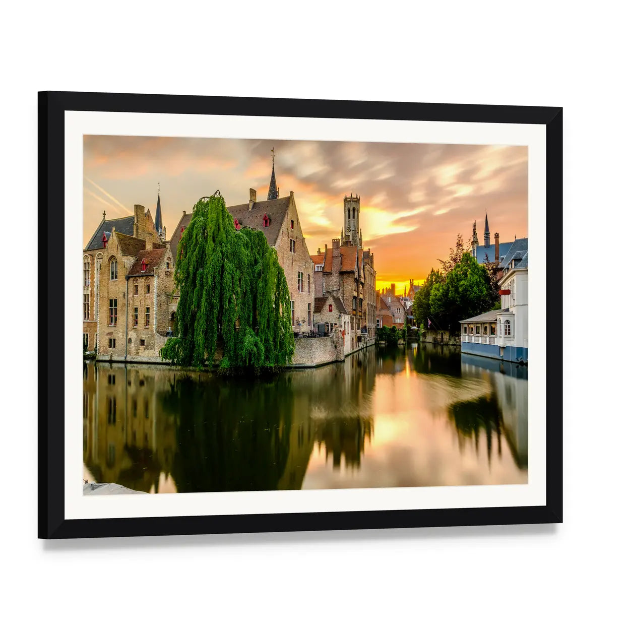 Bruges Canal Cityscape at Sunset Canvas Wall Art, framed print with white mat and black frame, angled product view
