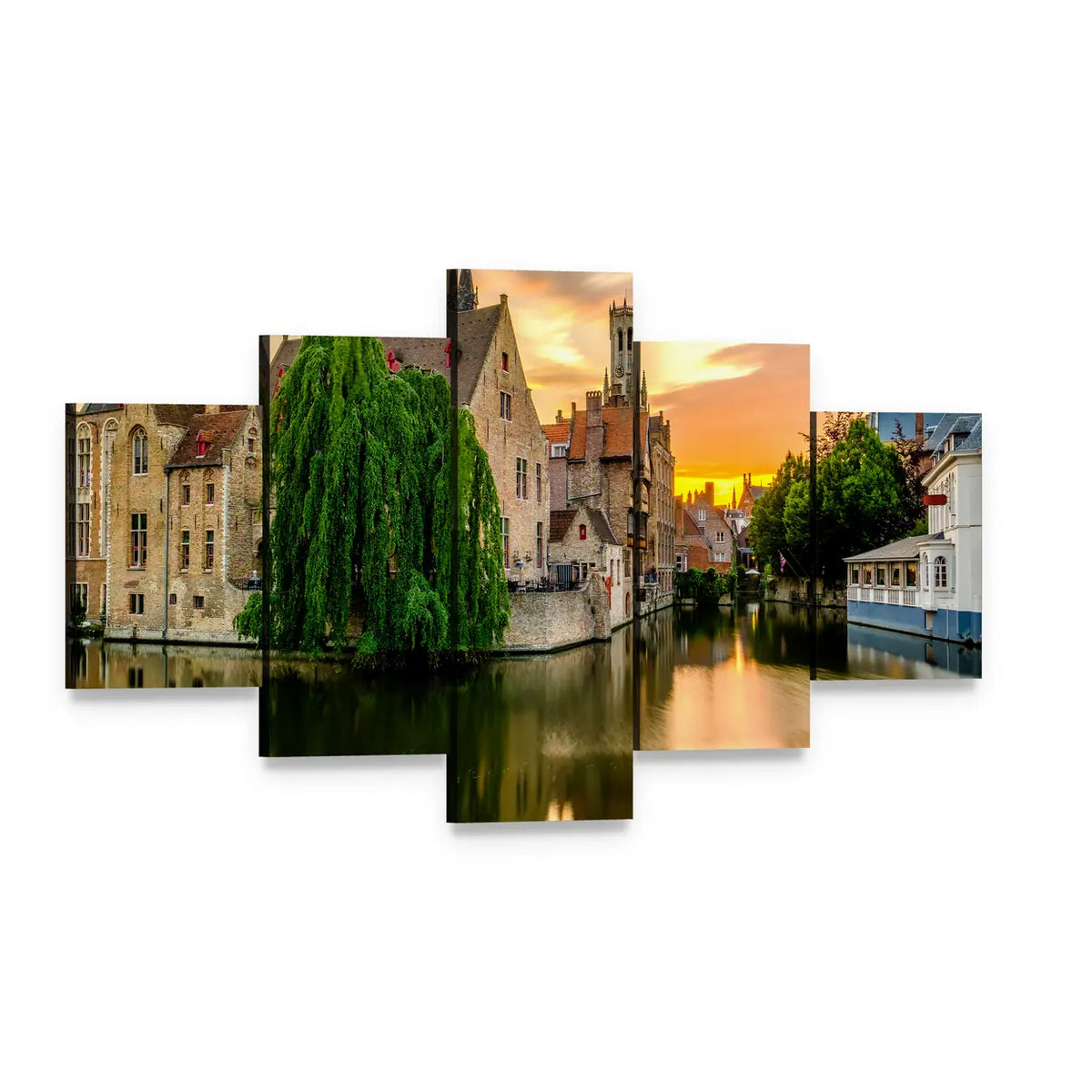 Bruges Canal Cityscape at Sunset Canvas Wall Art, 5 panel 5 Star layout gallery wrapped canvas set, angled product view