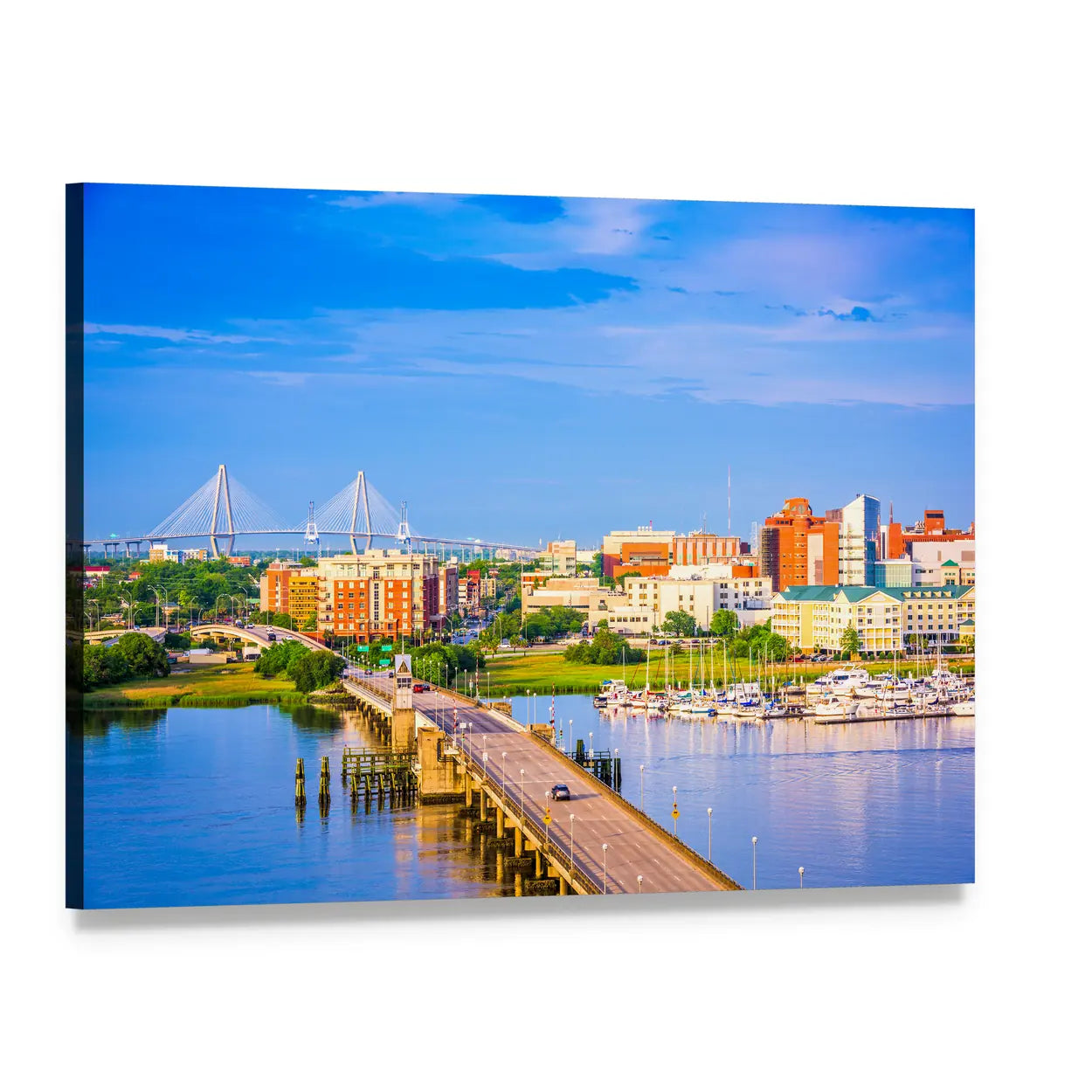 Charleston Skyline and Ashley River Canvas Wall Art, single panel gallery wrapped canvas, angled product view