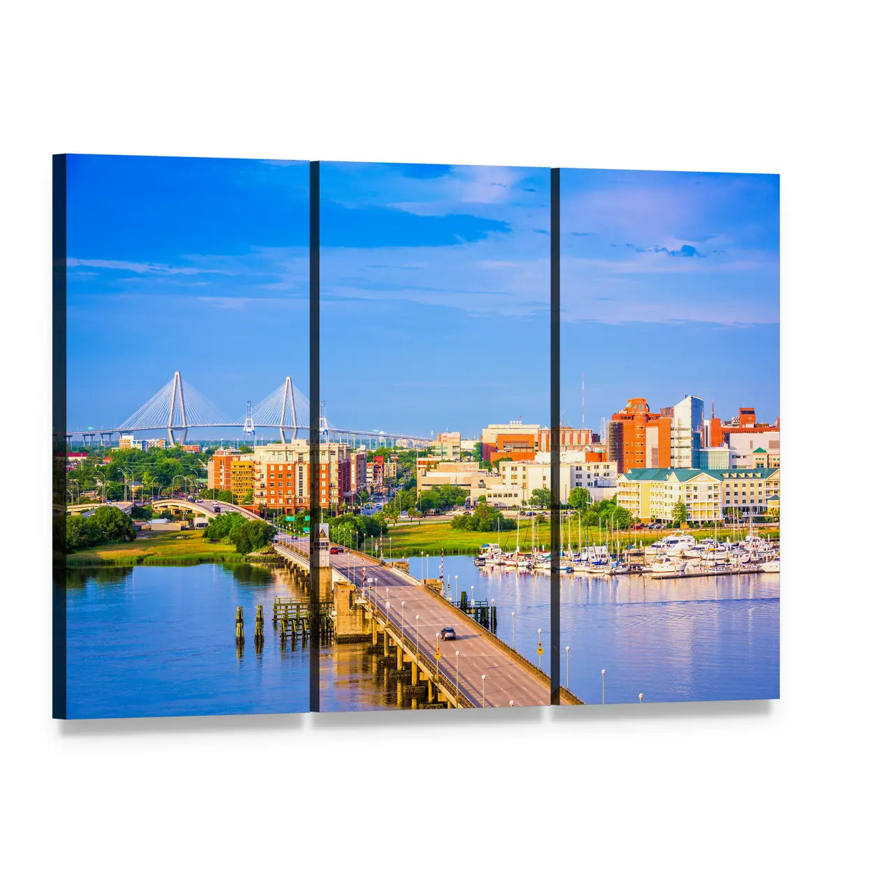Charleston Skyline and Ashley River Canvas Wall Art, 3 panel 3 Horizontal layout gallery wrapped canvas set, angled product view