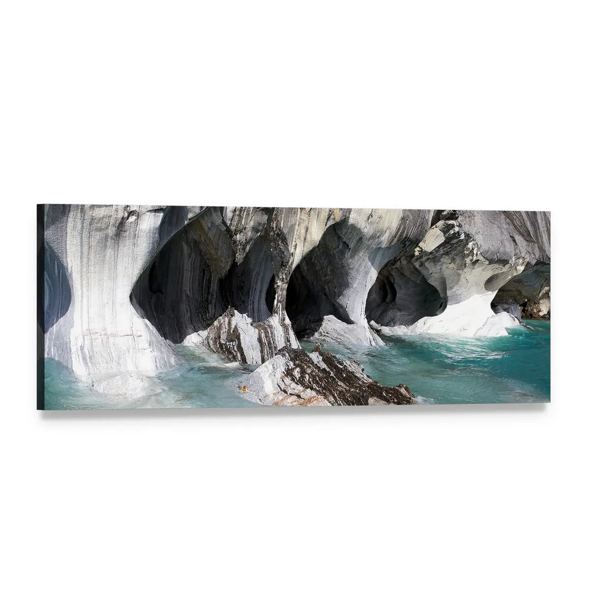 Carrera Lake Marble Caves Panoramic Canvas Wall Art, single panel gallery wrapped canvas, angled product view