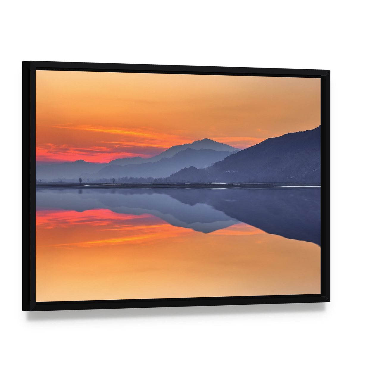 Sunset Reflection on River Swat Canvas Wall Art, framed canvas in a black floater frame, angled product view