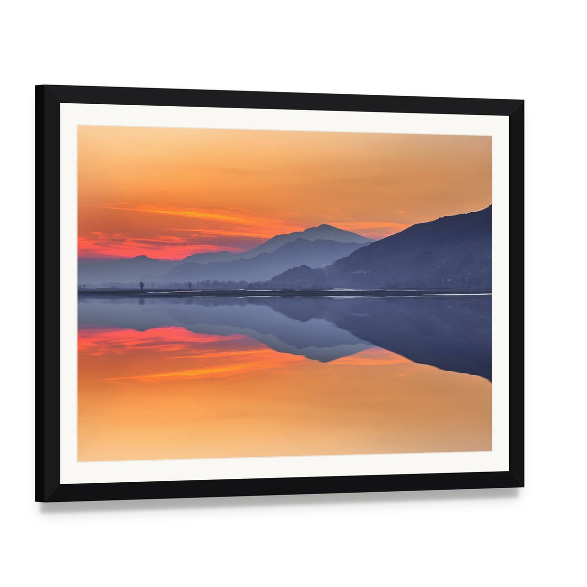 Sunset Reflection on River Swat Canvas Wall Art, framed print with white mat and black frame, angled product view
