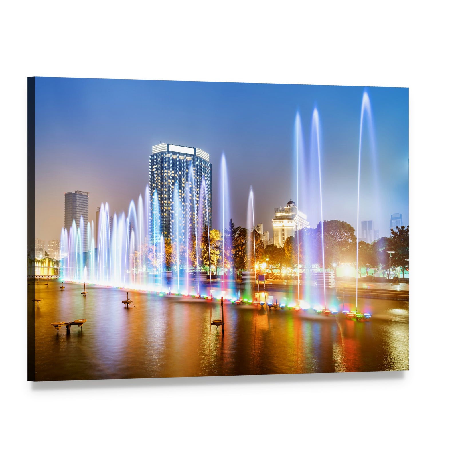 Vibrant Music Fountain in City Square Canvas Wall Art, single panel gallery wrapped canvas, angled product view