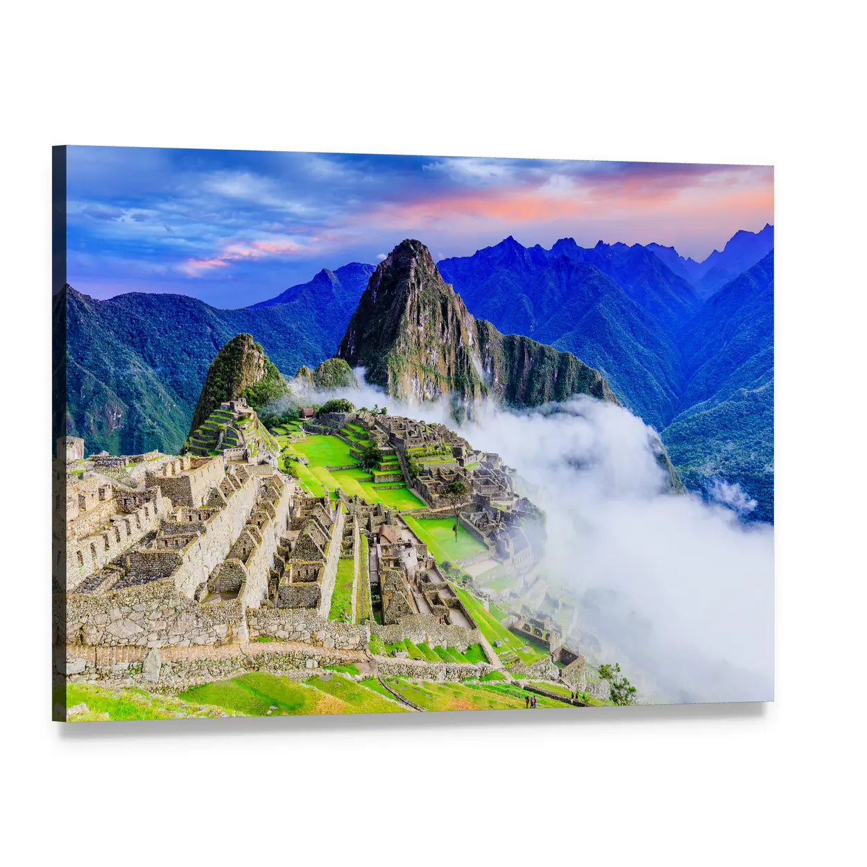 Machu Picchu Morning Mist Canvas Wall Art, single panel gallery wrapped canvas, angled product view