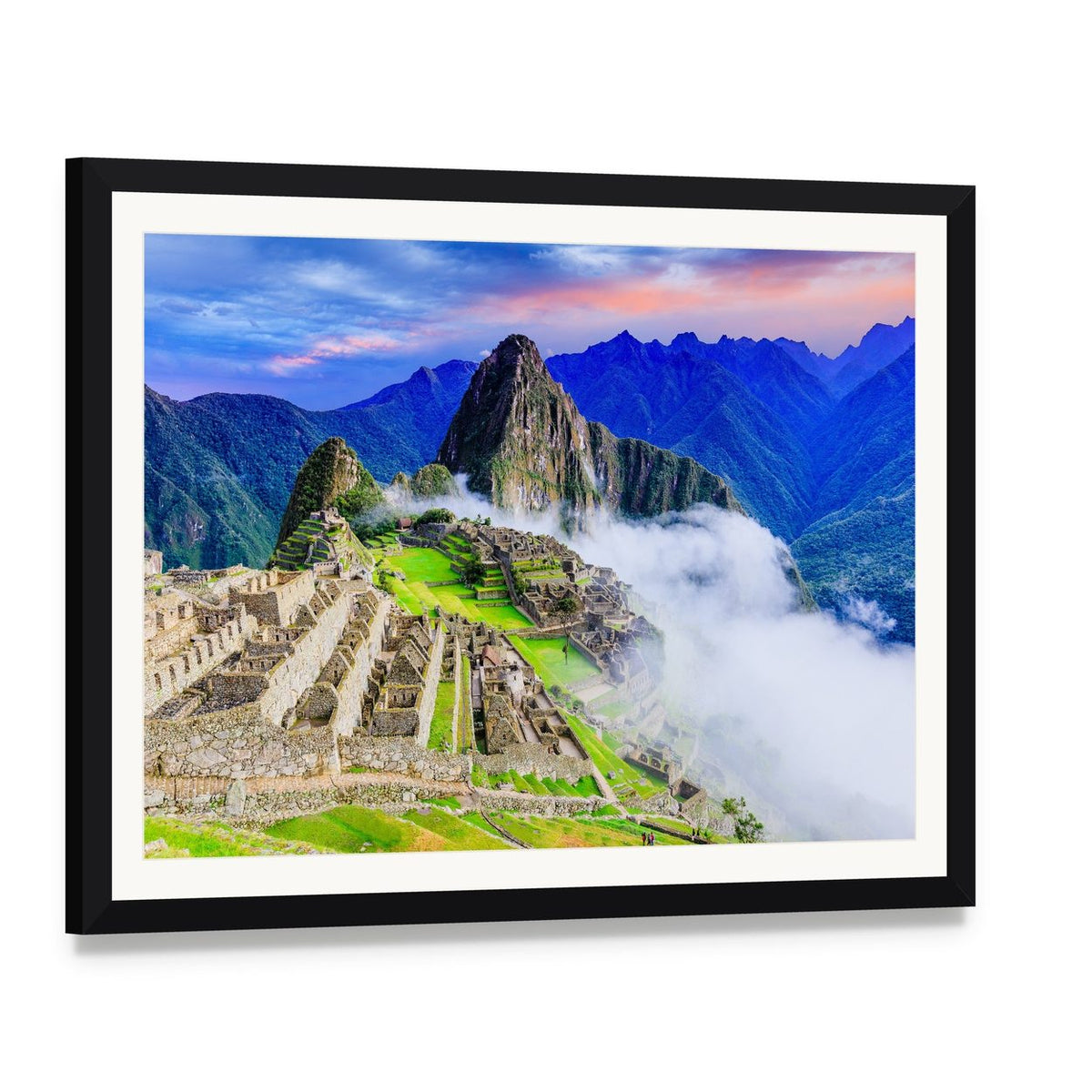 Machu Picchu, Peru: Terraced Ruins in Mist Canvas Wall Art, framed print with white mat and black frame, angled product view