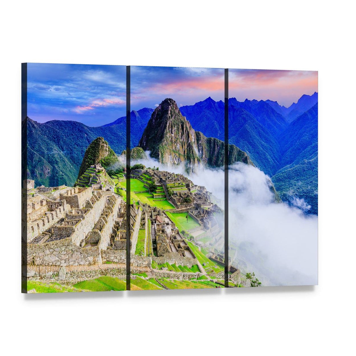 Machu Picchu, Peru: Terraced Ruins in Mist Canvas Wall Art, 3 panel 3 Horizontal layout gallery wrapped canvas set, angled product view