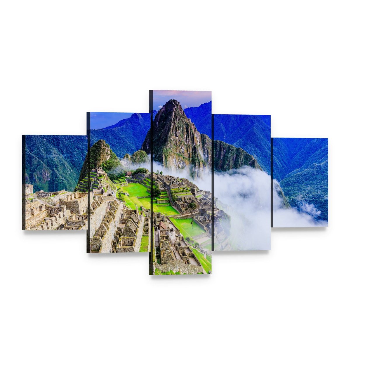 Machu Picchu, Peru: Terraced Ruins in Mist Canvas Wall Art, 5 panel 5 Star layout gallery wrapped canvas set, angled product view