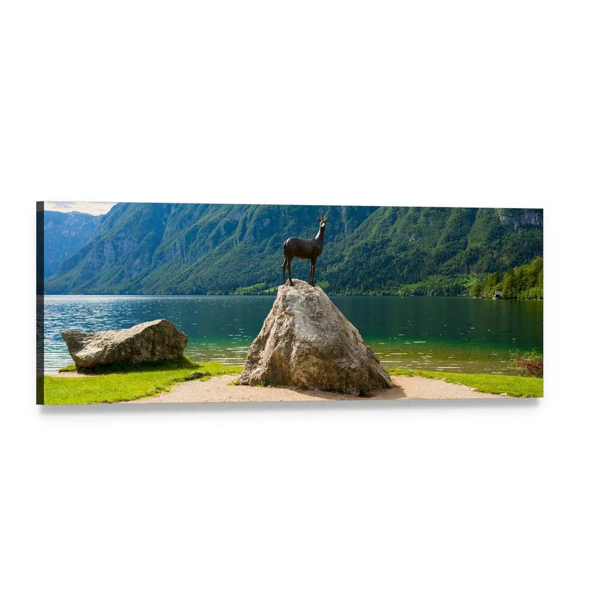 Lake Bohinj Chamois Statue on Rock Panoramic Canvas Wall Art, single panel gallery wrapped canvas, angled product view