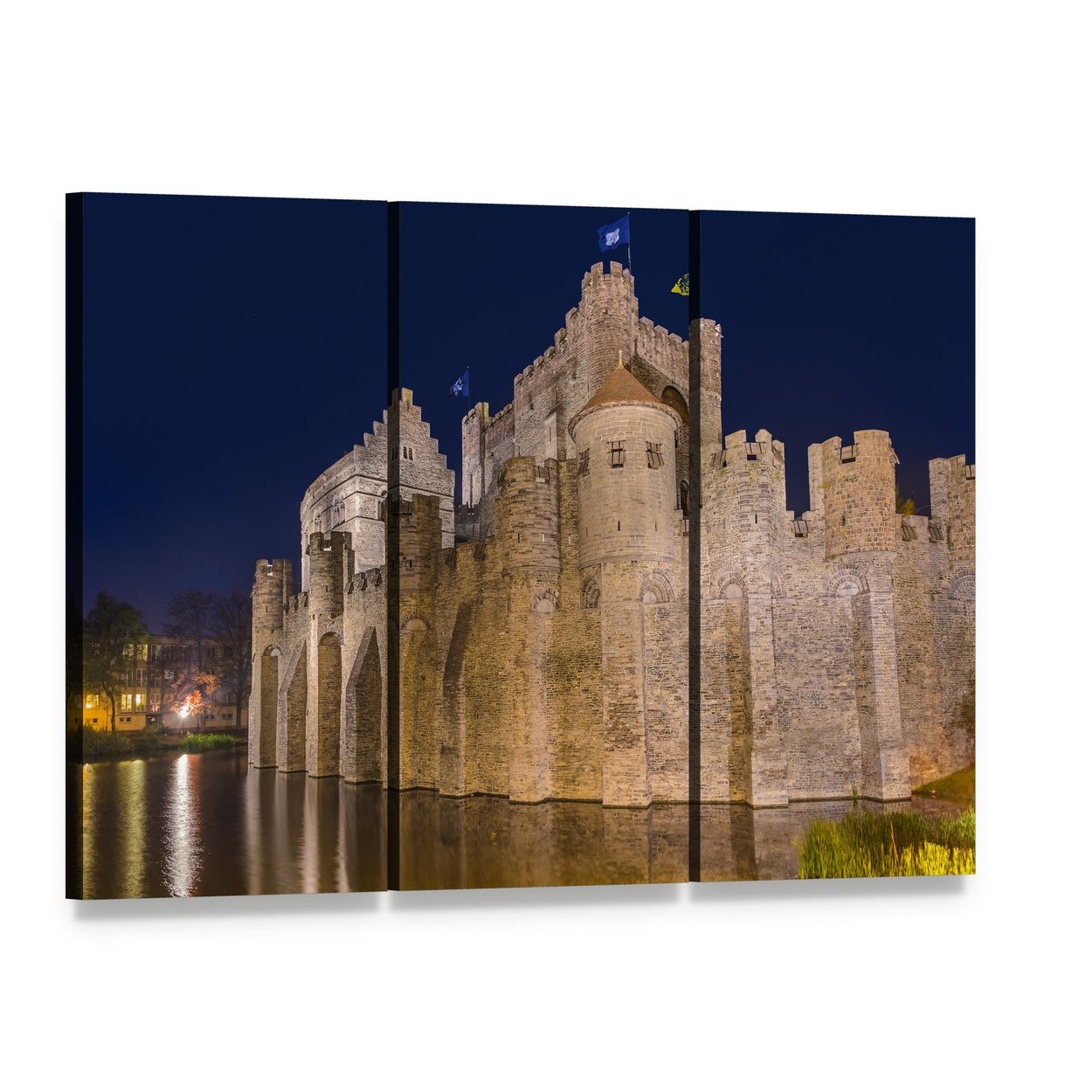 Gravensteen Castle Belgium Canvas Wall Art, 3 panel 3 Horizontal layout gallery wrapped canvas set, angled product view