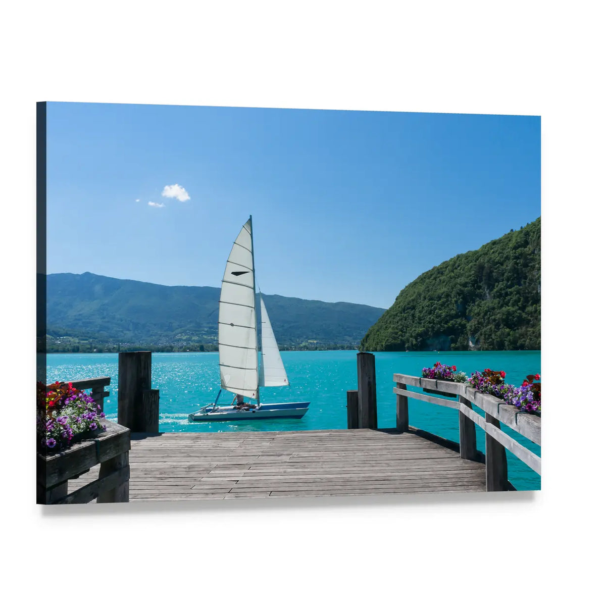 White Sailboat on Turquoise Lake Canvas Wall Art, single panel gallery wrapped canvas, angled product view