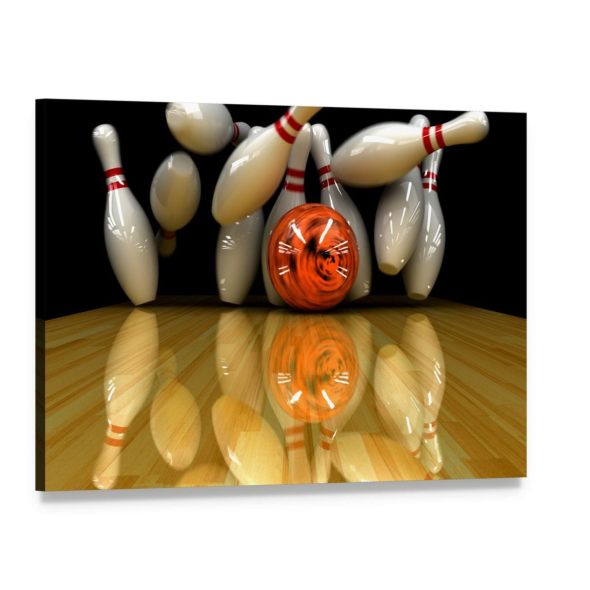 Orange Bowling Ball Strike Canvas Wall Art, single panel gallery wrapped canvas, angled product view