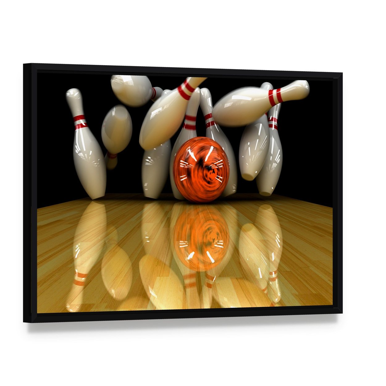 Orange Bowling Ball Strike Canvas Wall Art, framed canvas in a black floater frame, angled product view