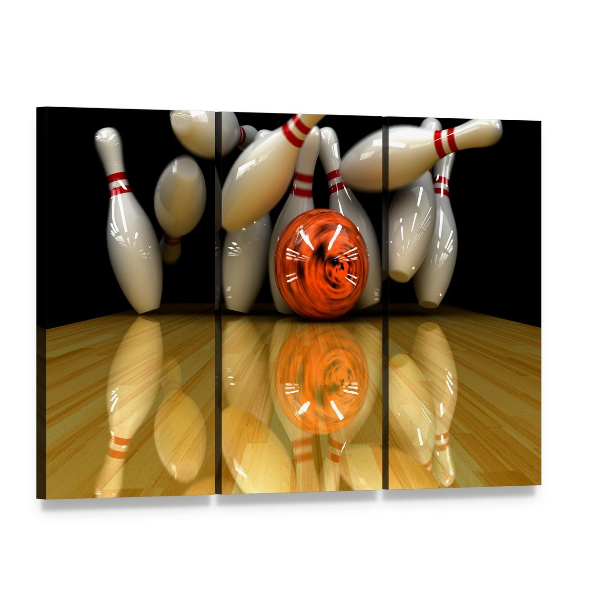 Orange Bowling Ball Strike Canvas Wall Art, 3 panel 3 Horizontal layout gallery wrapped canvas set, angled product view