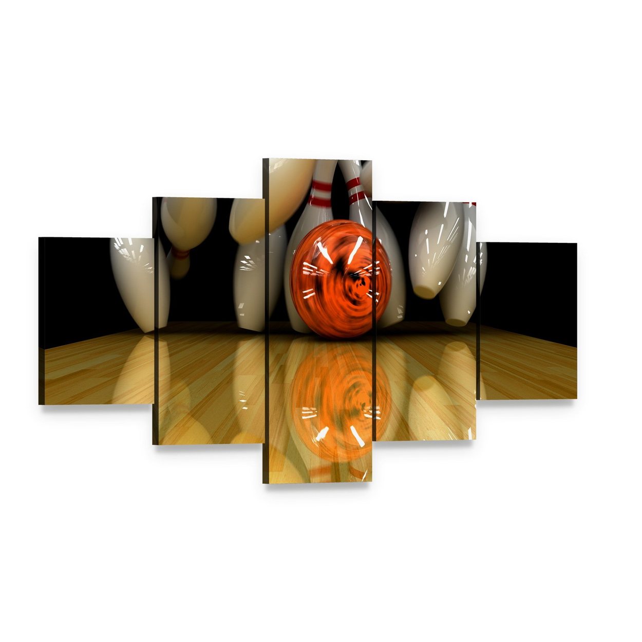 Orange Bowling Ball Strike Canvas Wall Art, 5 panel 5 Star layout gallery wrapped canvas set, angled product view