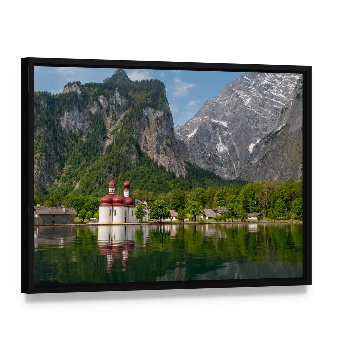 Konigssee Lake with Twin Red-domed Church Canvas Wall Art, framed canvas in a black floater frame, angled product view