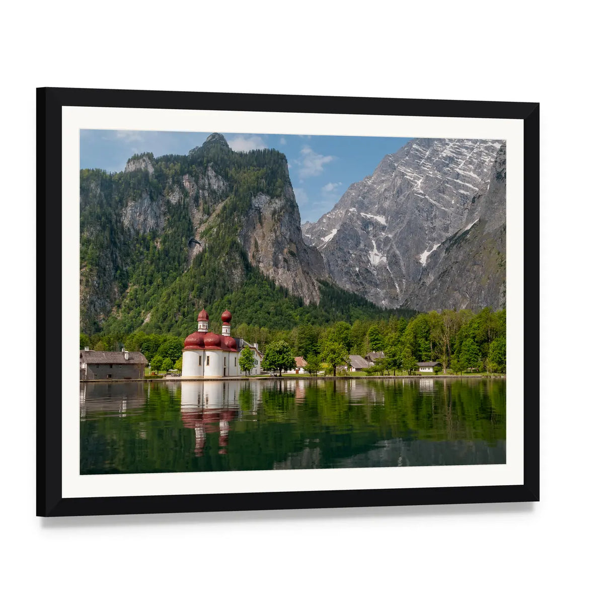 Konigssee Lake with Twin Red-domed Church Canvas Wall Art, framed print with white mat and black frame, angled product view