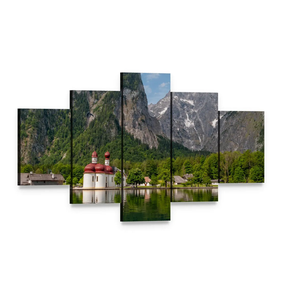 Konigssee Lake with Twin Red-domed Church Canvas Wall Art, 5 panel 5 Star layout gallery wrapped canvas set, angled product view