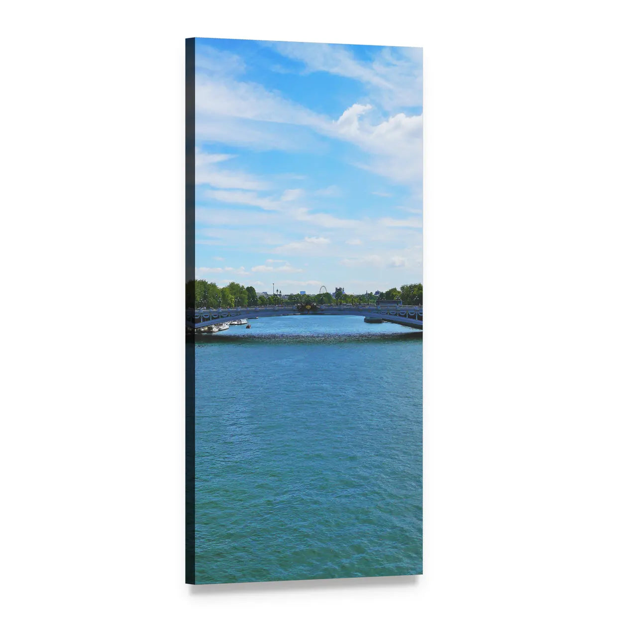 Arched Stone Bridge Over Teal River Vertical Canvas Wall Art, 1 panel 1 Vertical layout gallery wrapped canvas set, angled product view