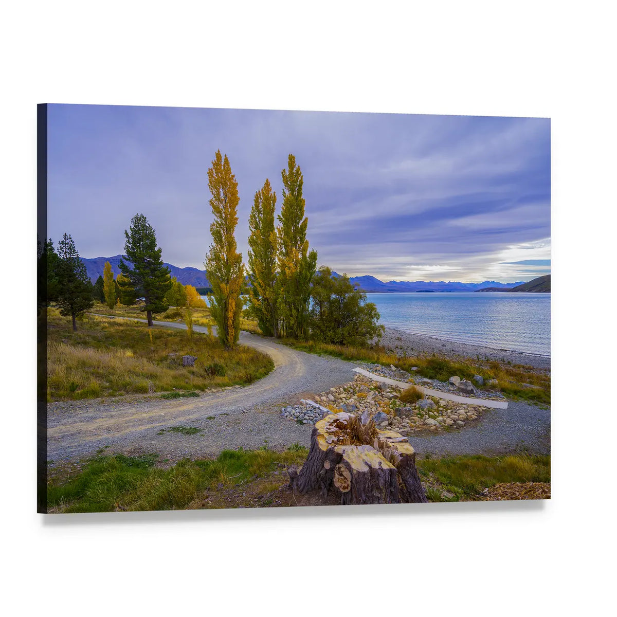 New Zealand Lakeside Road Canvas Wall Art, single panel gallery wrapped canvas, angled product view