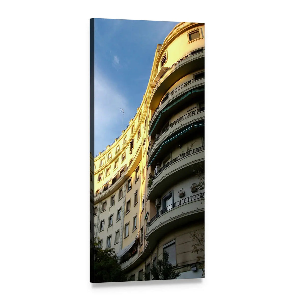 Valencia Curved Facade at Golden Hour Vertical Canvas Wall Art, 1 panel 1 Vertical layout gallery wrapped canvas set, angled product view