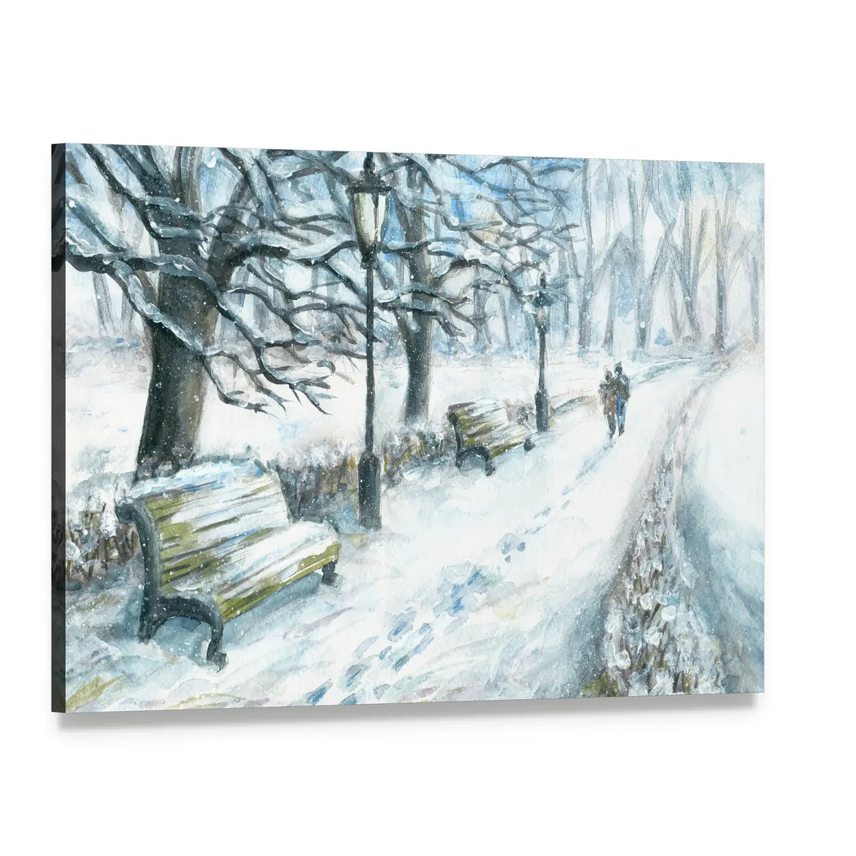 Couple Walking in Snowy Park Canvas Wall Art, single panel gallery wrapped canvas, angled product view