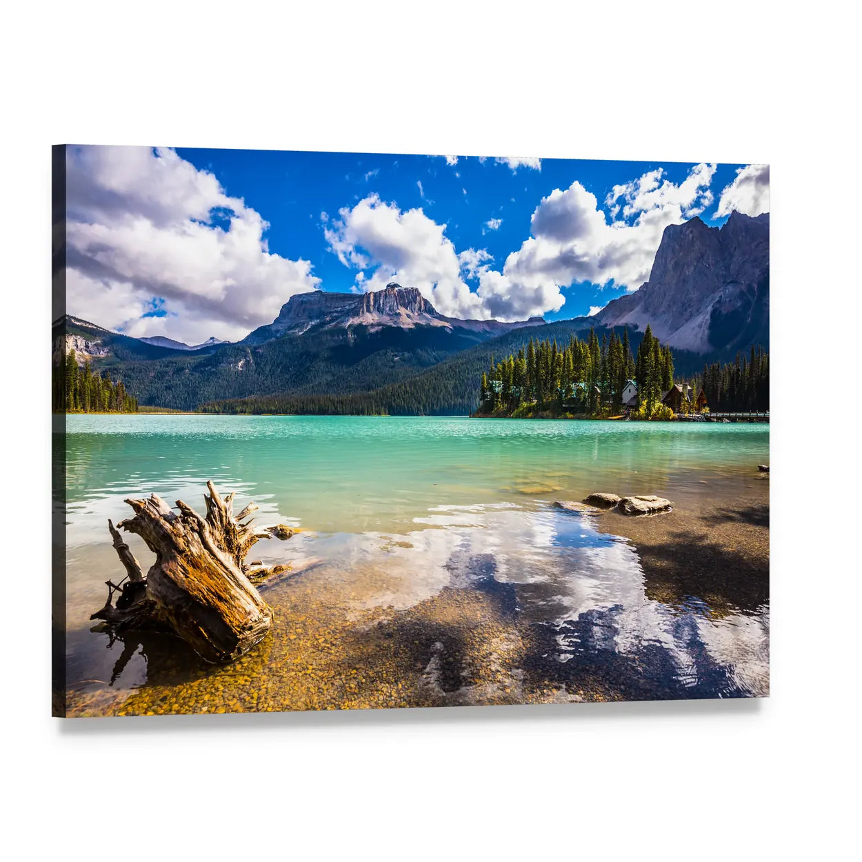 Mountain with Emerald Lake Canvas Wall Art, single panel gallery wrapped canvas, angled product view