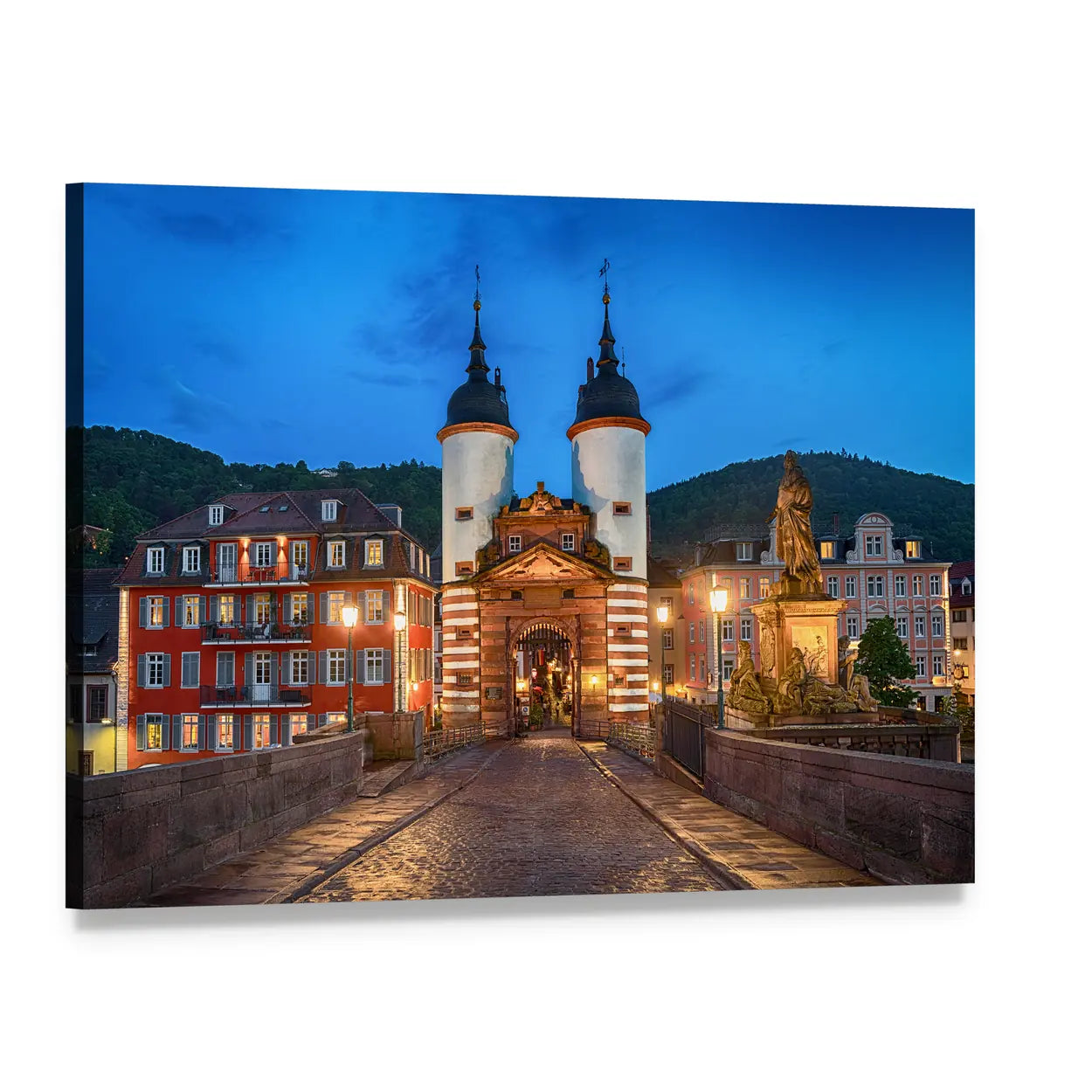 Illuminated Old Bridge Gate Canvas Wall Art, single panel gallery wrapped canvas, angled product view