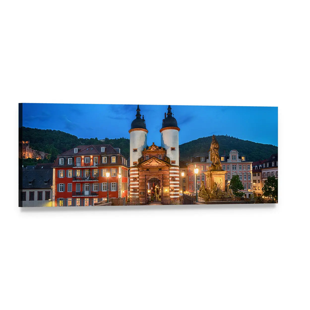 Illuminated Old Bridge Gate Heidelberg Panoramic Canvas Wall Art, single panel gallery wrapped canvas, angled product view