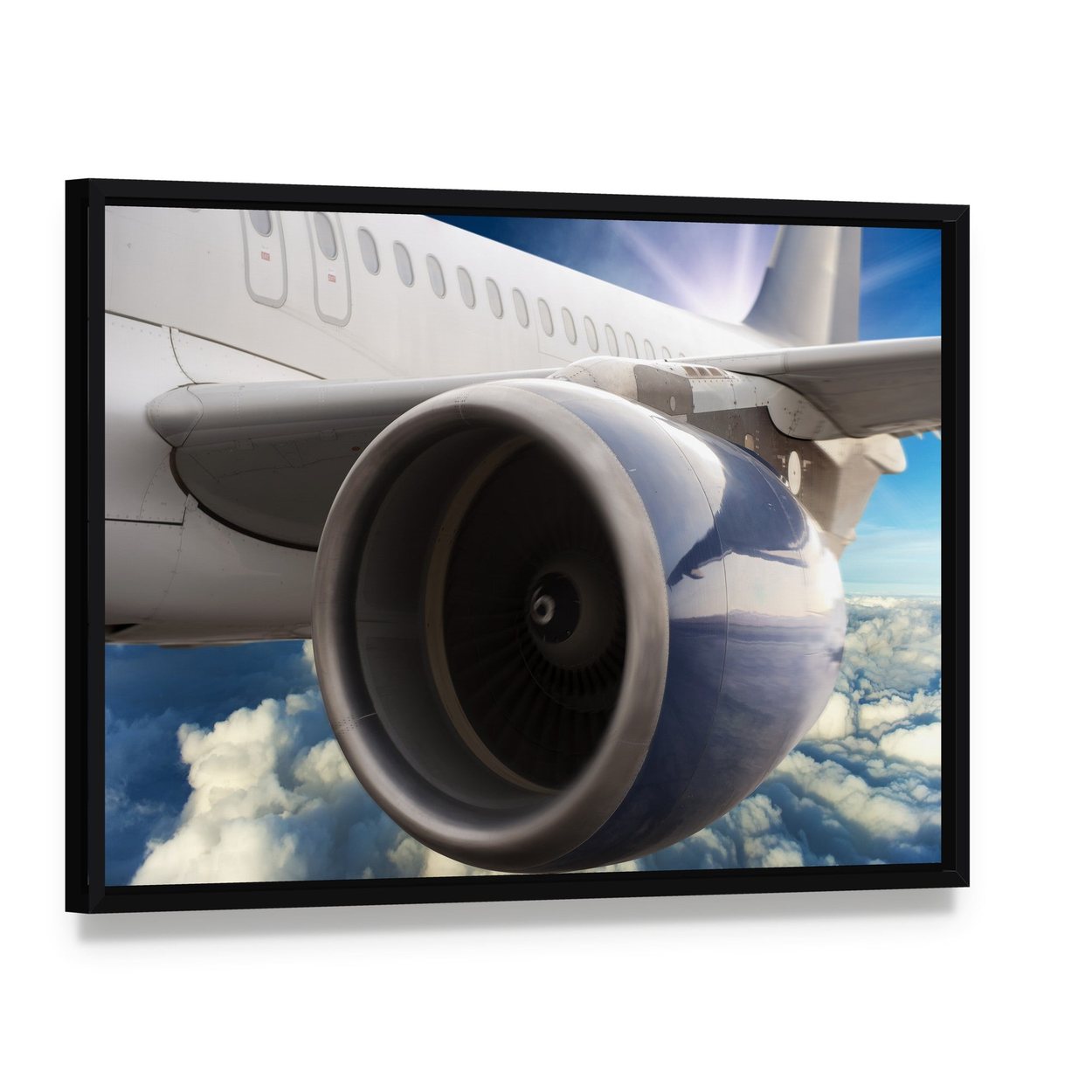 Airplane Engine Turbine Canvas Wall Art, framed canvas in a black floater frame, angled product view