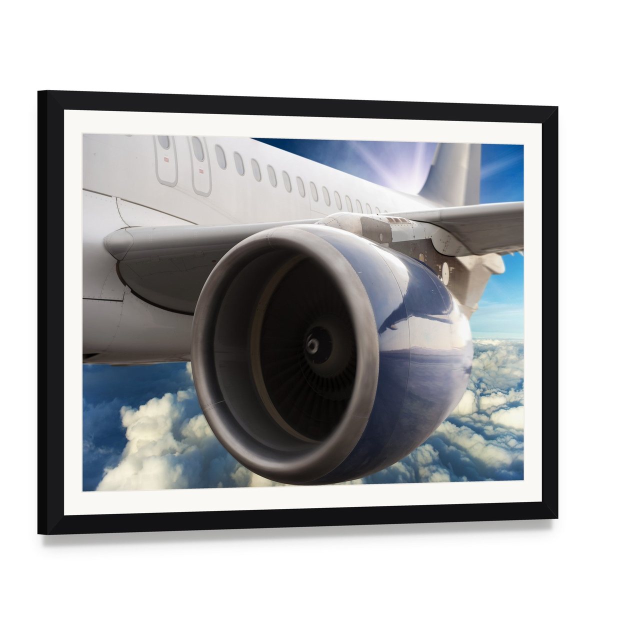 Airplane Engine Turbine Canvas Wall Art, framed print with white mat and black frame, angled product view